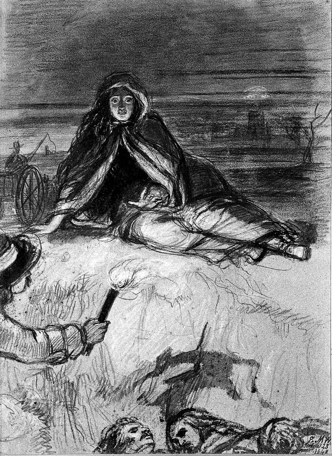 Una donna seduta a terra, tedoforo a sinistra
